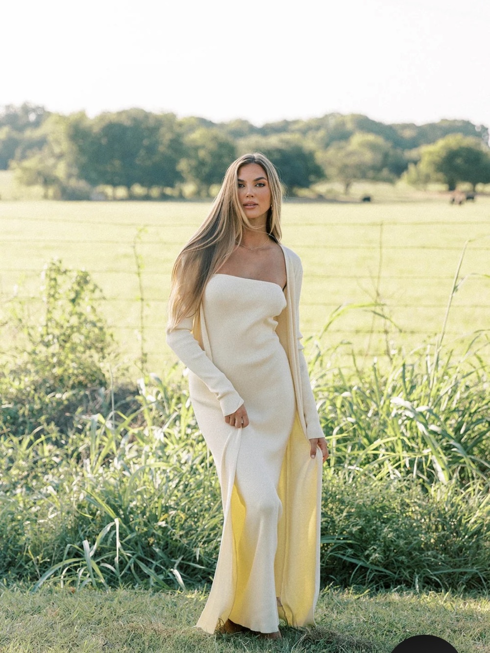 Elegant Strapless Yellow Maxi Dress with Matching Long Cardigan